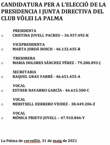 📩📩 PROCLAMACIÓ JUNTA DIRECTIVA - 04.06.2021 📩📩 - Club Volei La Palma