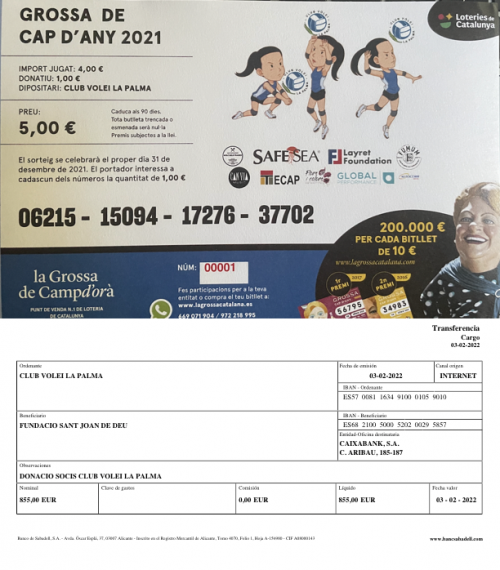 📣📣♣️ 855€ DE LA GROSSA 2021 ... a la FUNDACIÓ SANT JOAN DE DÉU ♣️📣📣 - Club Volei La Palma
