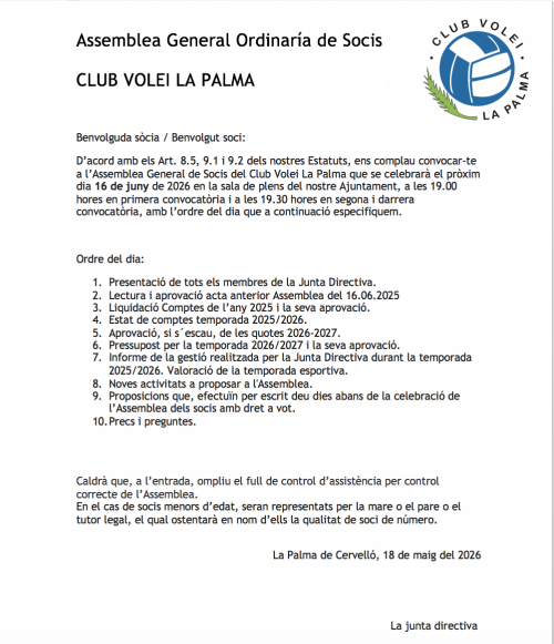 ASSEMBLEA ORDINARIA 2025 (16.06.2026) - Club Volei La Palma